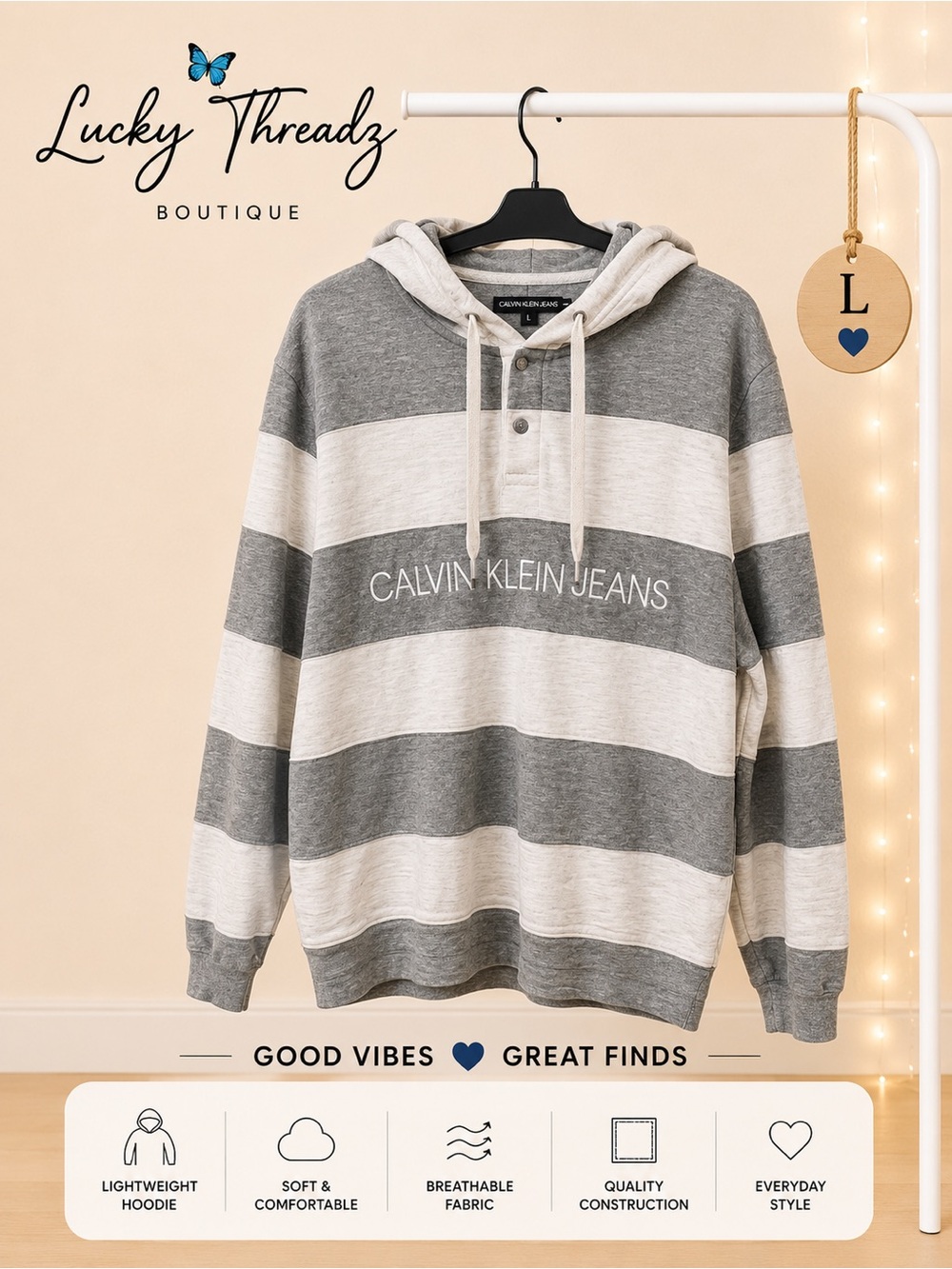 Calvin Klein Gray & White Striped Colorblock Hoodie Men’s Large